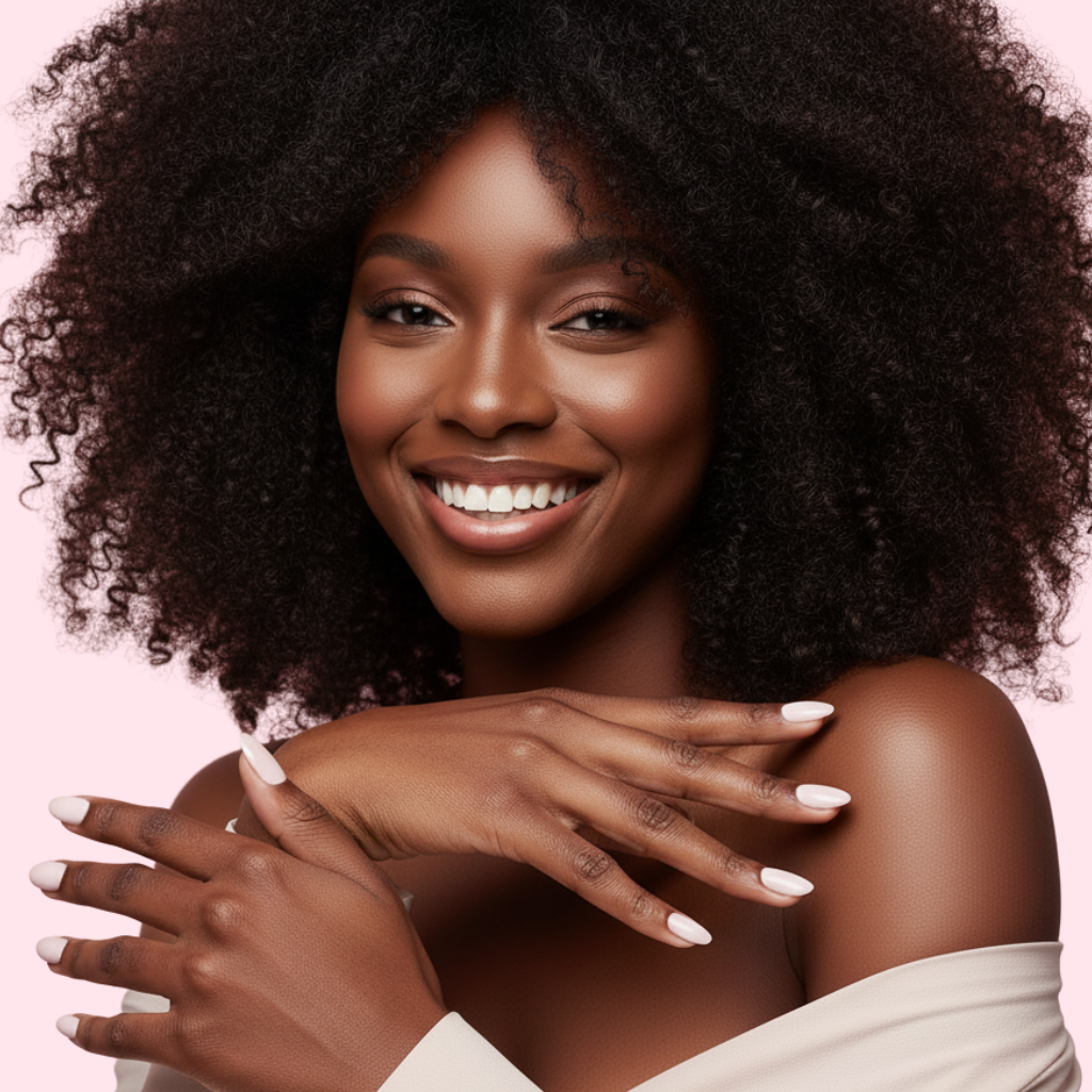 Hand with light white press-on nail and two rings on a neutral background
