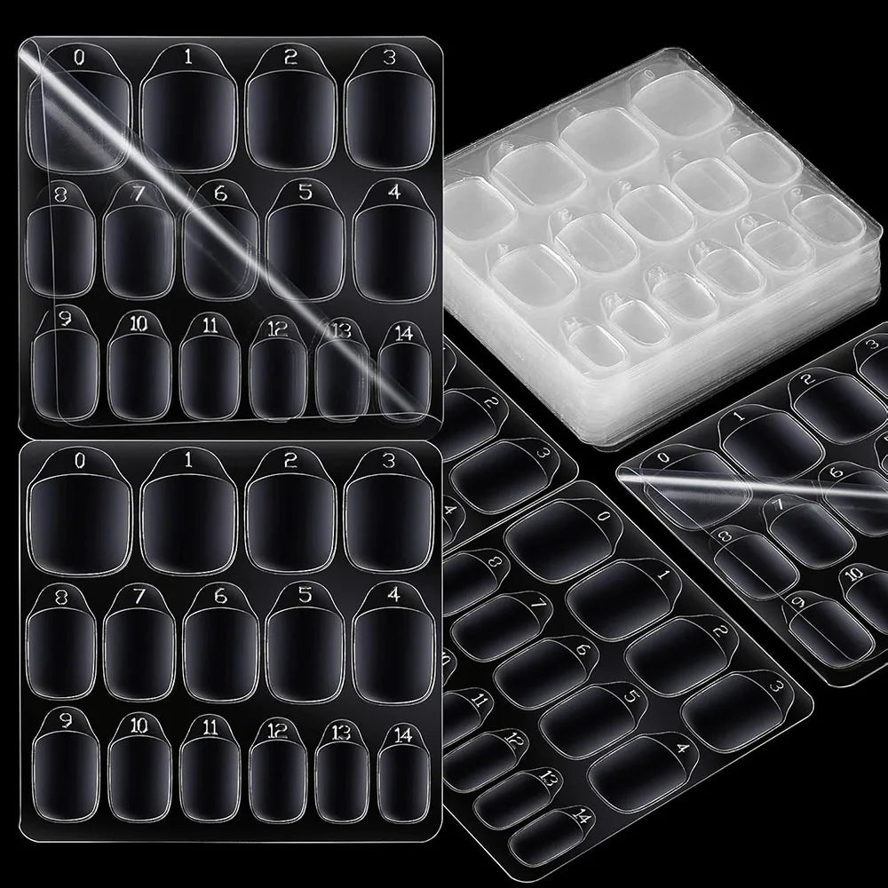 Packaging of nail adhesive tabs with size measurements on a black background