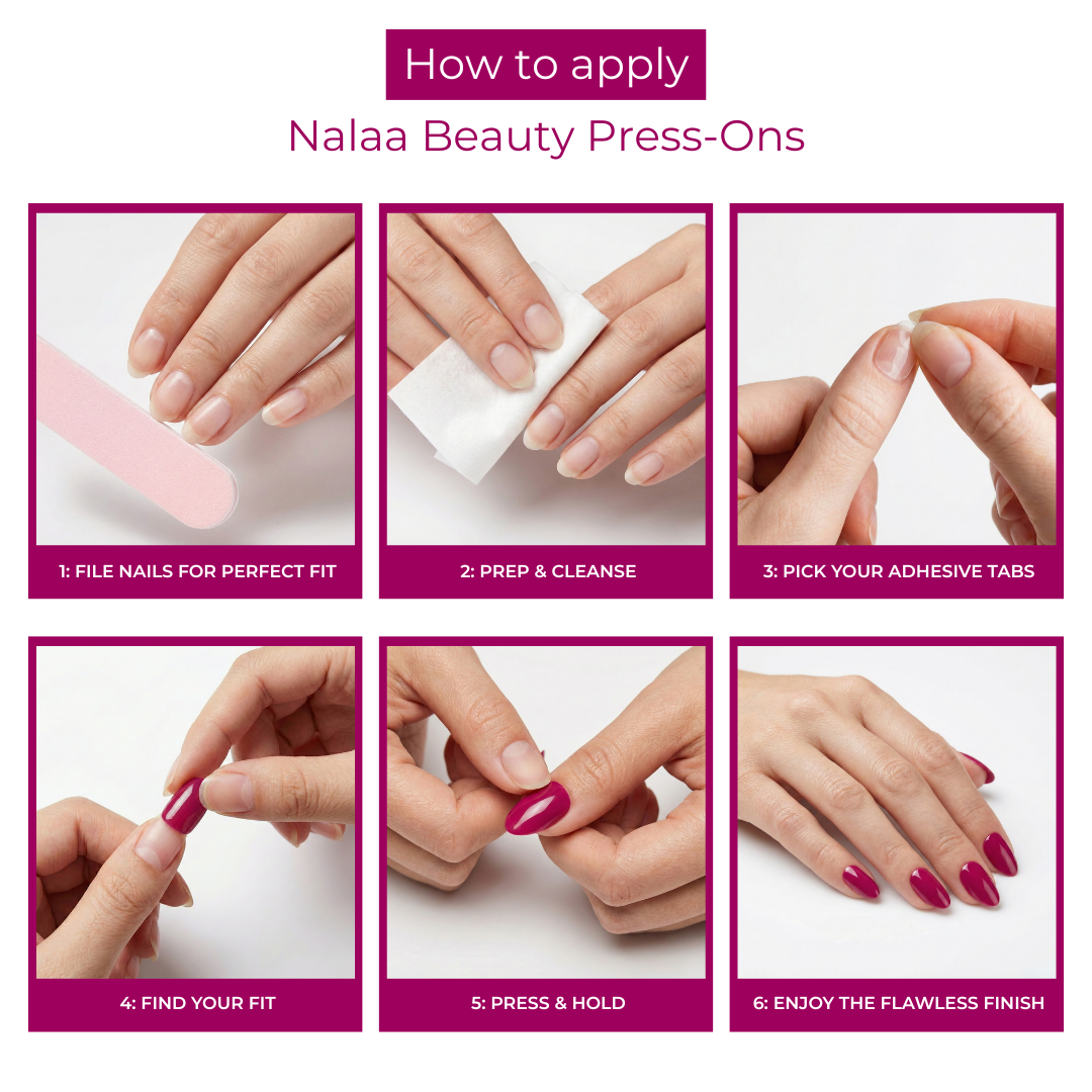 Step-by-step guide on how to apply Nalaa Beauty Press-Ons with close-up images of hands.